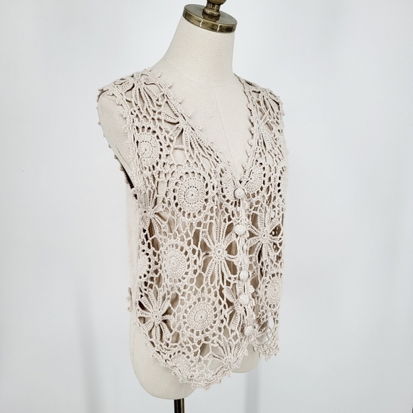 Vintage Hand Knit Floral Vest Tan Linen Cotton Boho Small - Picture 1 of 7